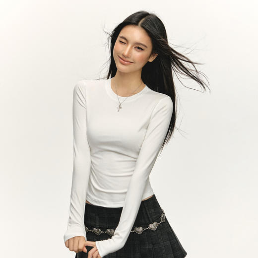 Ariseism 美式复古纯色微透长袖t恤女春秋新款修身打底上衣 商品图1