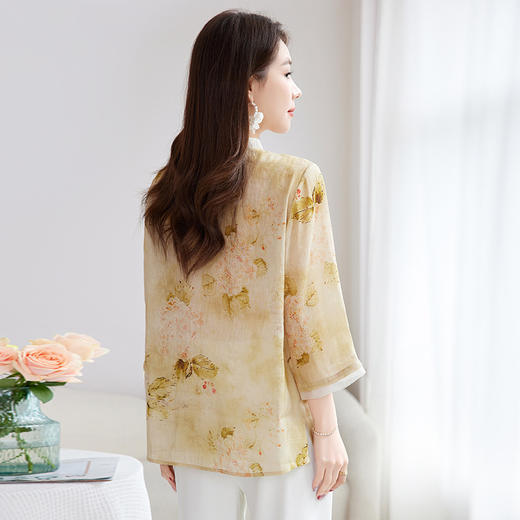 QS-【丝麻混纺】原创中式轻奢文艺印花衬衫女夏真丝亚麻休闲衬衣1637 商品图2