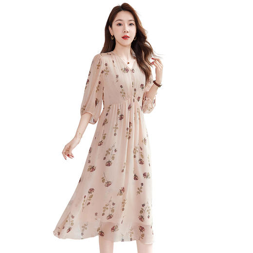 QS-82501579【源头工厂】中年V领宽松真丝连衣裙乔其桑蚕丝印花中长A字裙15 商品图4