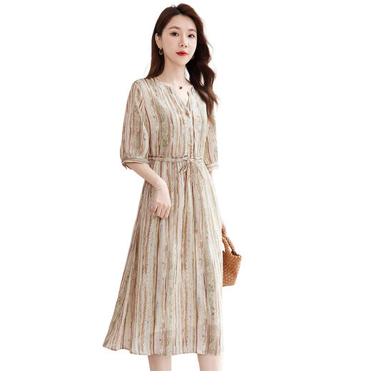 QS-【真丝亚麻混纺】中大淑休闲大码丝麻印花连衣裙女中长A字裙1123 商品图4