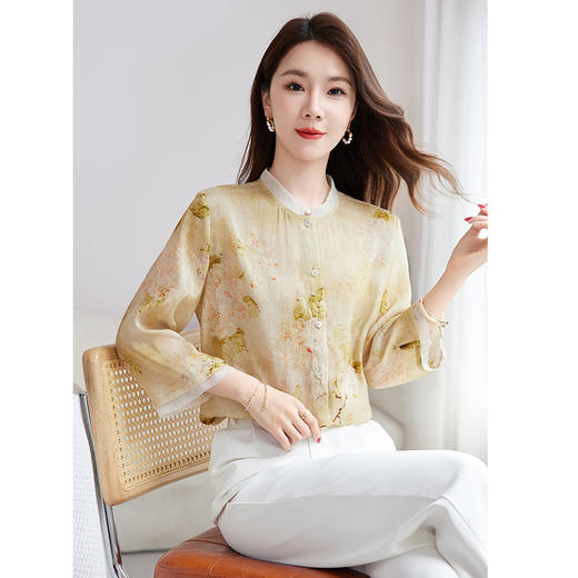 QS-【丝麻混纺】原创中式轻奢文艺印花衬衫女夏真丝亚麻休闲衬衣1637 商品图3