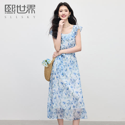 熙世界法式花边U领碎花连衣裙女2025夏季新款高级感气质雪纺长裙 商品图0