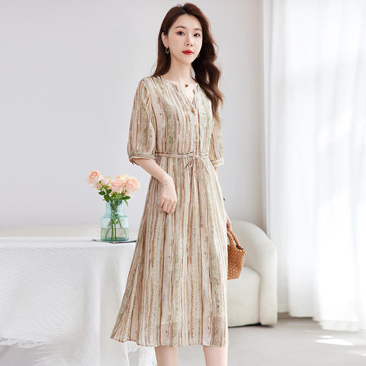 QS-【真丝亚麻混纺】中大淑休闲大码丝麻印花连衣裙女中长A字裙1123 商品图0