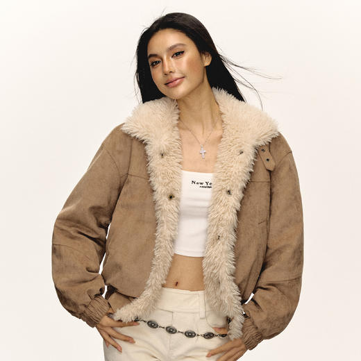 Ariseism美式复古高级感麂皮绒羊羔毛拼接棉衣外套女冬季新款棉服 商品图2