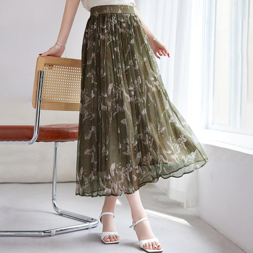 QS-72599002【顺纡印花】国风印花显瘦桑蚕丝中长裙气质通勤真丝半身裙女9002 商品图1