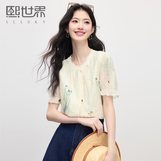 【周末秒杀】熙世界天丝印花圆领衬衫女2025夏季新款荷叶短袖气质正肩小衫上衣 商品图0