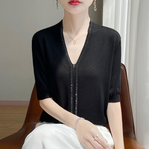 百媚生 莱赛尔针织衫短袖女V领镶钻五分袖T恤QT2-530 商品图1