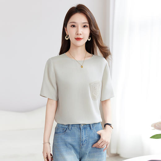 QS-12599510【弹力重绉】设计感小众桑蚕丝上衣夏季宽松纯色打底衫女9510 商品图3