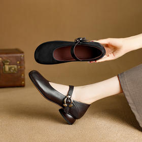 【预售5天】软面软底黑色羊皮玛丽珍鞋女中跟粗跟浅口不累脚单鞋女NJMK&K1622