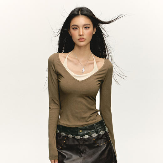 Ariseism 美式复古挂脖假两件长袖t恤女春秋新款修身打底上衣 商品图3