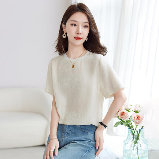 QS-12501517【真丝提花】丝绸原创女装桑蚕丝圆领T恤夏短袖打底衫女1517 商品图0