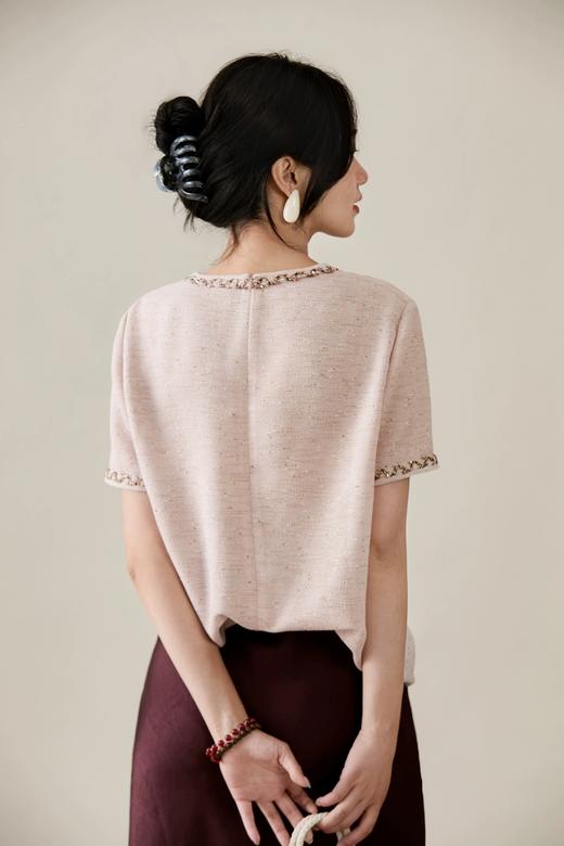 小香云粉金羽纱古法经纬绞纱纯手工珠片短袖上衣 商品图13