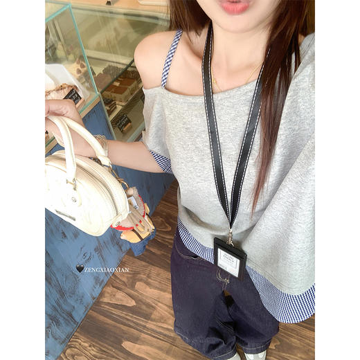 【129元任选2件】现货！格子拼接斜领短袖 商品图2