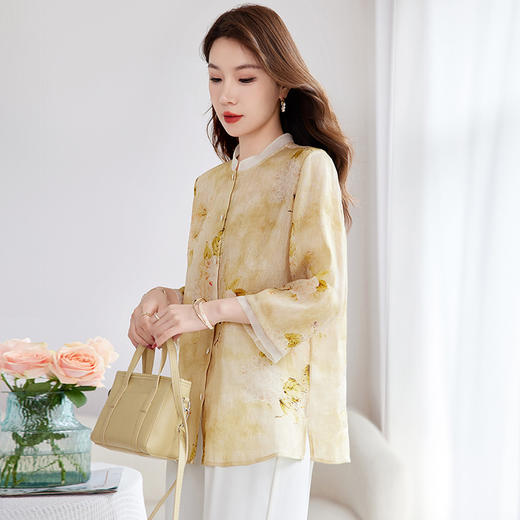QS-【丝麻混纺】原创中式轻奢文艺印花衬衫女夏真丝亚麻休闲衬衣1637 商品图1