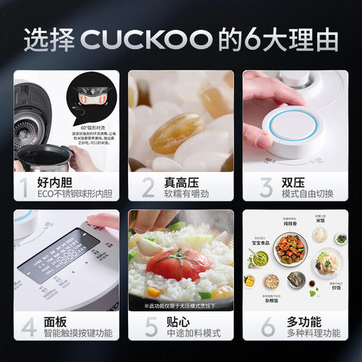 福库（CUCKOO）电饭煲韩国原装进口1-2人家用小型迷你电饭锅1.5升IH加热双变压力智能切换多功能不锈钢内胆电饭煲 CRP-MHTR0311FW 1.5L 商品图2