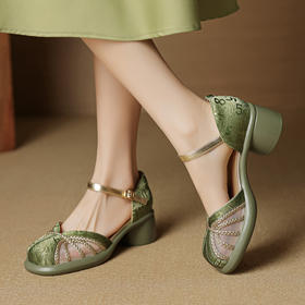 【预售5天】新中式拼接网纱包头凉鞋女新款夏国风中空粗跟凉鞋YCJX&H-8035