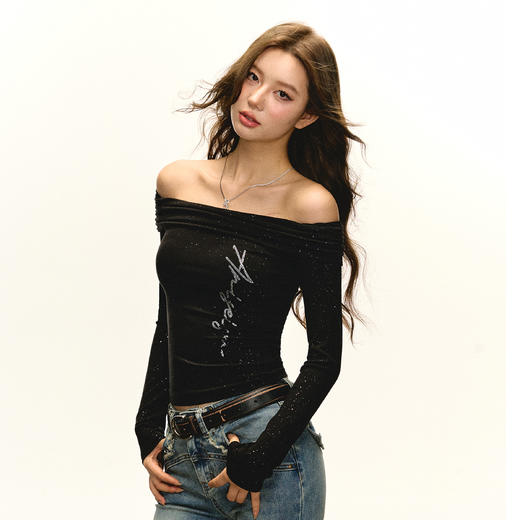 Ariseism 美式复古一字肩烫钻长袖t恤女春秋新款修身打底上衣 商品图4