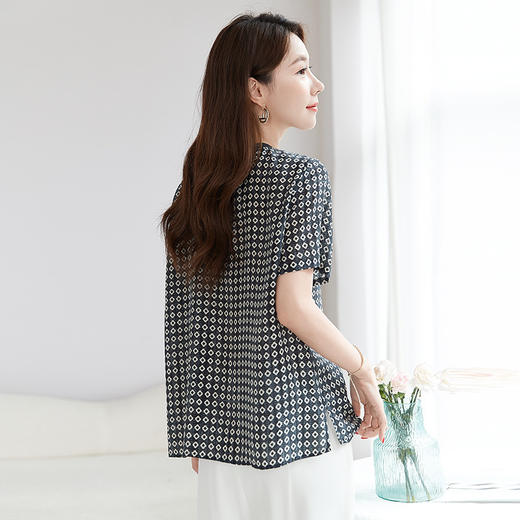 QS-12501717【经典百搭】100%桑蚕丝圆领短袖打底衫夏季格纹真丝T恤女1717 商品图3