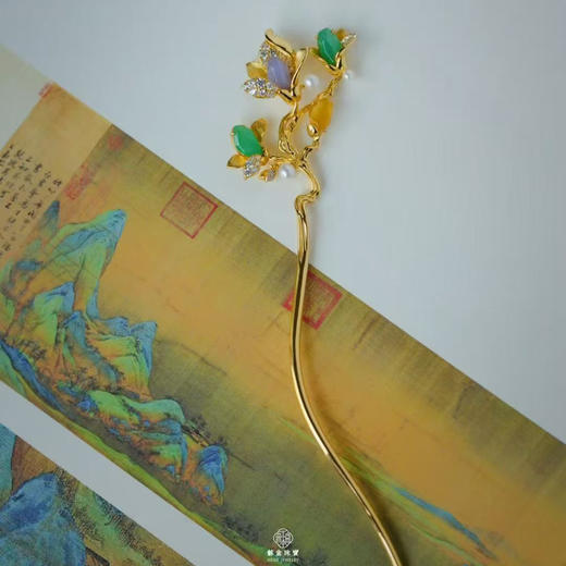 龢盒原创 天然福禄寿三色翡翠玉兰银发簪/茶针 商品图4