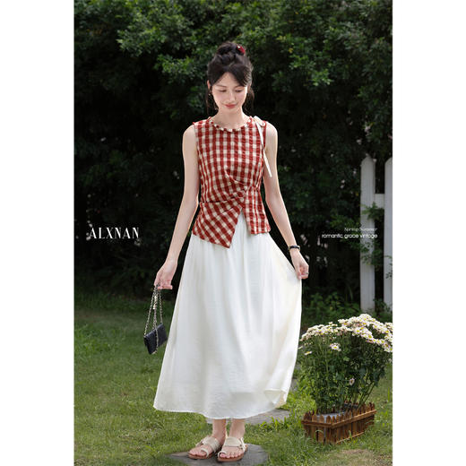 【65折秒杀】鹿向南「心动赴约」红色格子无袖背心女夏季新款修身别致吊带上衣L559188 商品图1