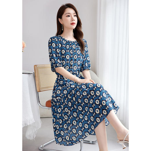 QS-82501101中大淑女装5A桑蚕丝连衣裙夏季圆领100%真丝印花连衣裙女1101 商品图2