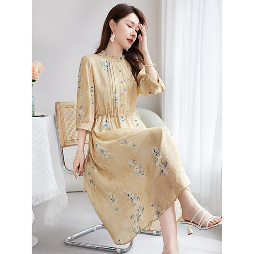 QS-丝麻混纺减龄真丝亚麻印花中长裙优雅新国风桑蚕丝连衣裙女1623 商品图2