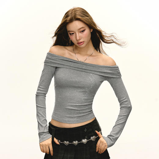 Ariseism 美式复古一字肩烫钻长袖t恤女春秋新款修身打底上衣 商品图1
