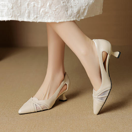 【预售5天】法式优雅网纱透气细跟高跟鞋女夏真皮尖头浅口凉鞋通勤工作鞋单鞋YCJX&H-8039 商品图0