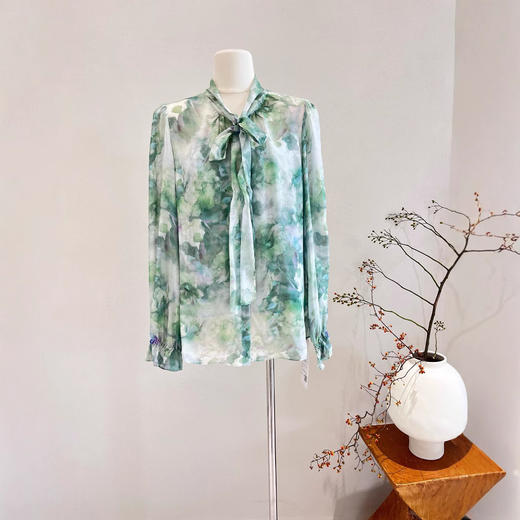 丁摩 防晒真丝衬衫女2025春夏新款长袖印花微透法式飘带桑蚕丝衬衣 商品图3