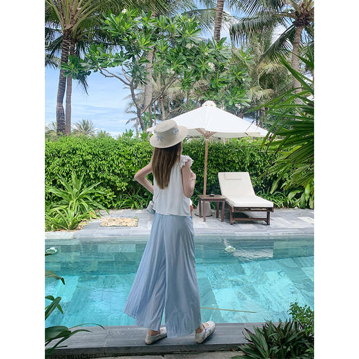 <曾小咸推荐>蓝色阔腿休闲裤白色娃娃衫衬衫 商品图4