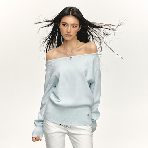 Ariseism 美式复古斜肩套头长袖针织衫女春季新款内搭打底上衣 商品图3