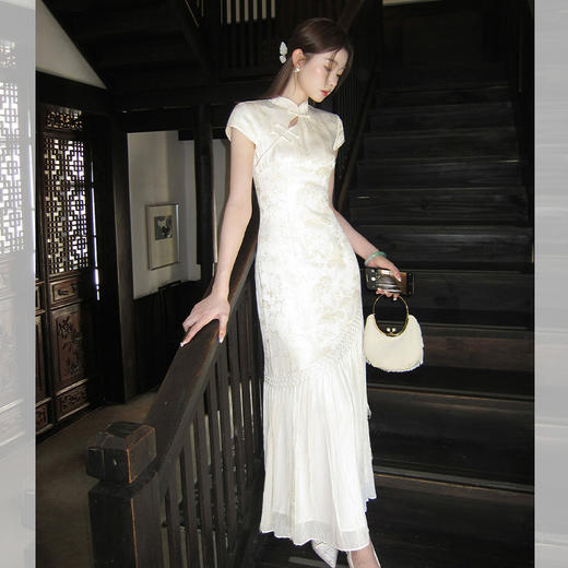西遇新中式短袖连衣裙女夏季新款网纱拼接收腰盘扣改良旗袍SS050915 商品图3