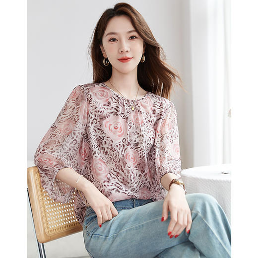 丁摩 【100%桑蚕丝】乔其印花打底小衫半袖圆领气质休闲真丝衬衫女1165 商品图5