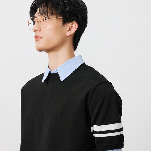 NPC潮牌袖口撞色条纹【混纺】针织短袖T恤男圆领垂感透气NP53TS20 商品图2