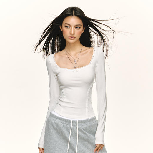 Ariseism 美式复古蕾丝领长袖t恤女春秋新款修身内搭打底上衣 商品图2