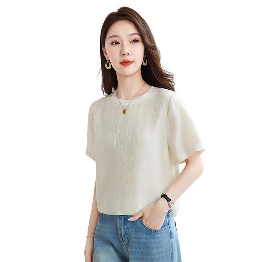 QS-12501517【真丝提花】丝绸原创女装桑蚕丝圆领T恤夏短袖打底衫女1517 商品图4