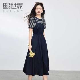 熙世界短袖条纹拼接假两件连衣裙女设计感休闲裙子2025年新款夏季