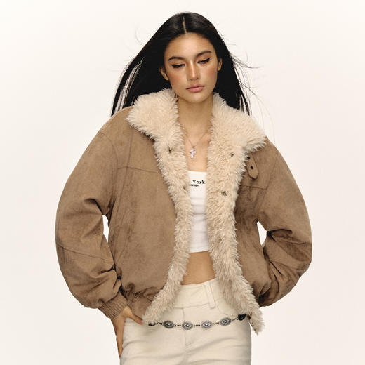 Ariseism美式复古高级感麂皮绒羊羔毛拼接棉衣外套女冬季新款棉服 商品图0