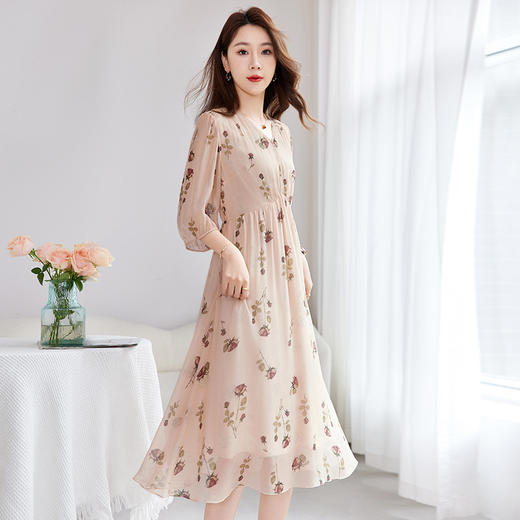 QS-82501579【源头工厂】中年V领宽松真丝连衣裙乔其桑蚕丝印花中长A字裙15 商品图0