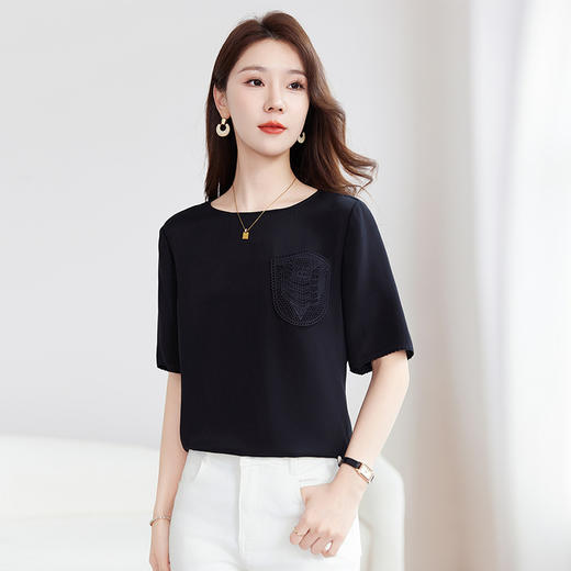 QS-12599510【弹力重绉】设计感小众桑蚕丝上衣夏季宽松纯色打底衫女9510 商品图0