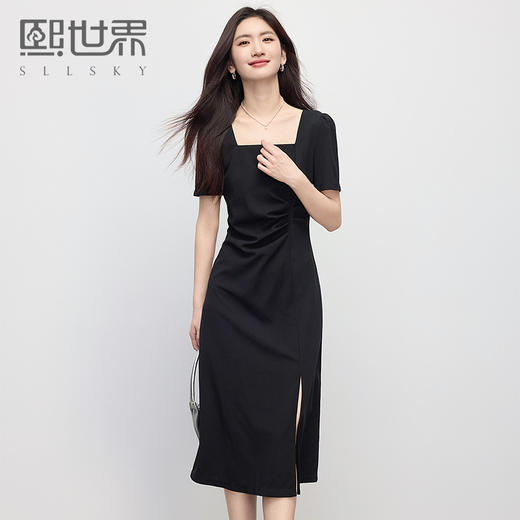 【周末秒杀】熙世界法式赫本方领连衣裙女2025夏天新款气质收腰修身开叉小黑裙 商品图0