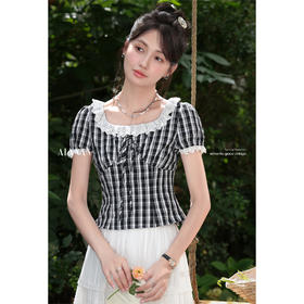 鹿向南「冰裂纹理」法式方领短袖上衣女夏日独特漂亮掐腰显瘦T恤