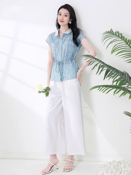 全新升级【铂金会员257/天猫339/差价82】(99203)时尚减龄套装女2025新款夏季收腰提花衬衫阔腿裤两件套女 商品图0