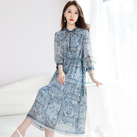 丁摩 【国风印花】2025夏季大码真丝连衣裙女100%桑蚕丝乔其字裙9818 商品图2