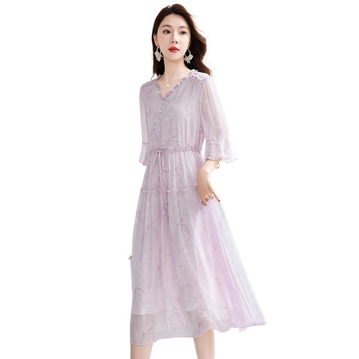 QS-82501131【清新清凉】大码真丝连衣裙女夏季100%桑蚕丝乔其印花仙女裙1131 商品图4