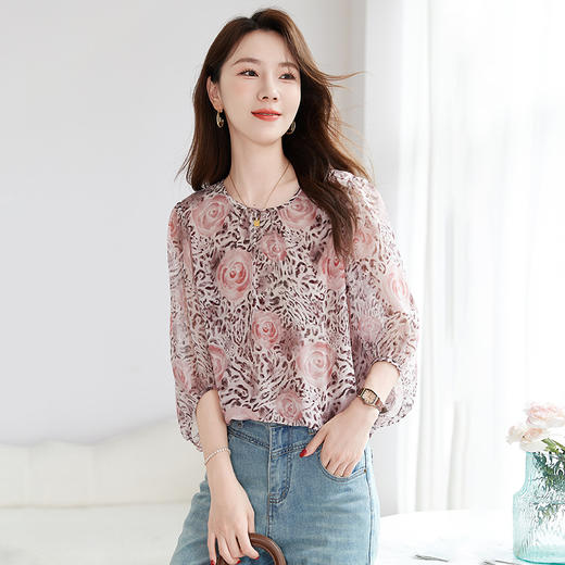 丁摩 【100%桑蚕丝】乔其印花打底小衫半袖圆领气质休闲真丝衬衫女1165 商品图0