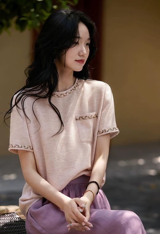 小香云粉金羽纱古法经纬绞纱纯手工珠片短袖上衣 商品图3