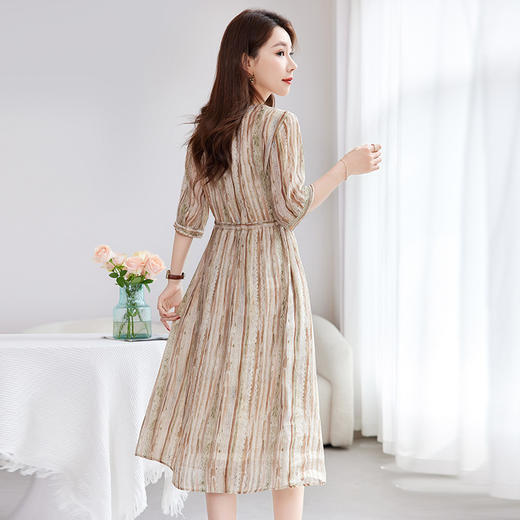 QS-【真丝亚麻混纺】中大淑休闲大码丝麻印花连衣裙女中长A字裙1123 商品图3