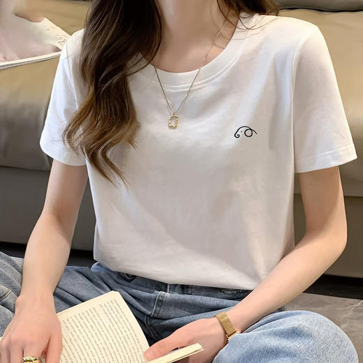 半身缘女装 夏季吸汗透气宽松简约小象刺绣印花短袖T恤262113U01140309 商品图1
