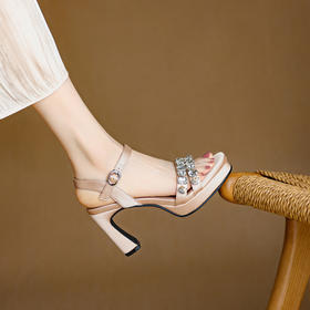 【预售5天】真皮一字带露趾凉鞋女新款夏季水钻防水台粗跟高跟鞋MLD&AM968